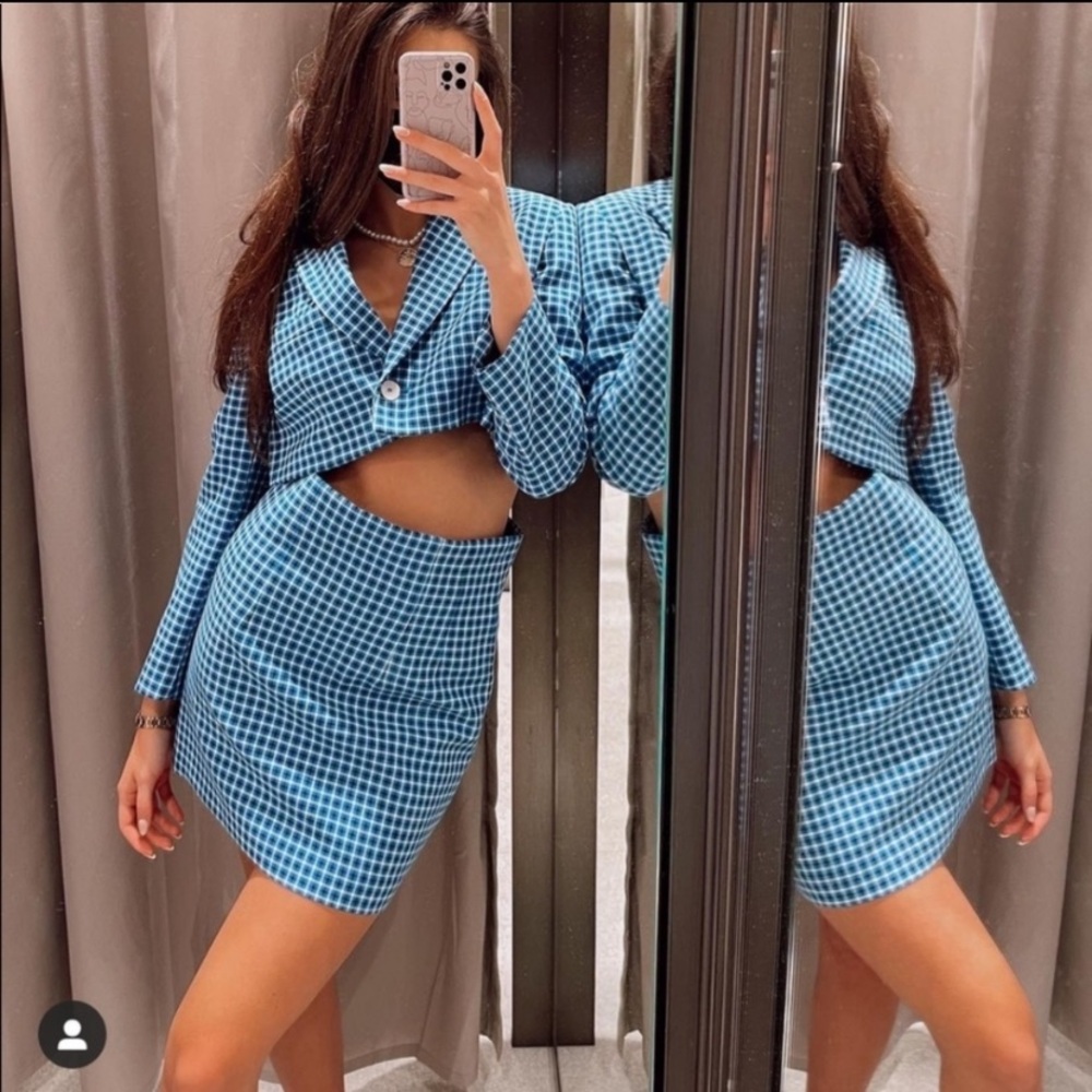 Zara 2 Piece Houndstooth Blazer and Mini Skirt Set